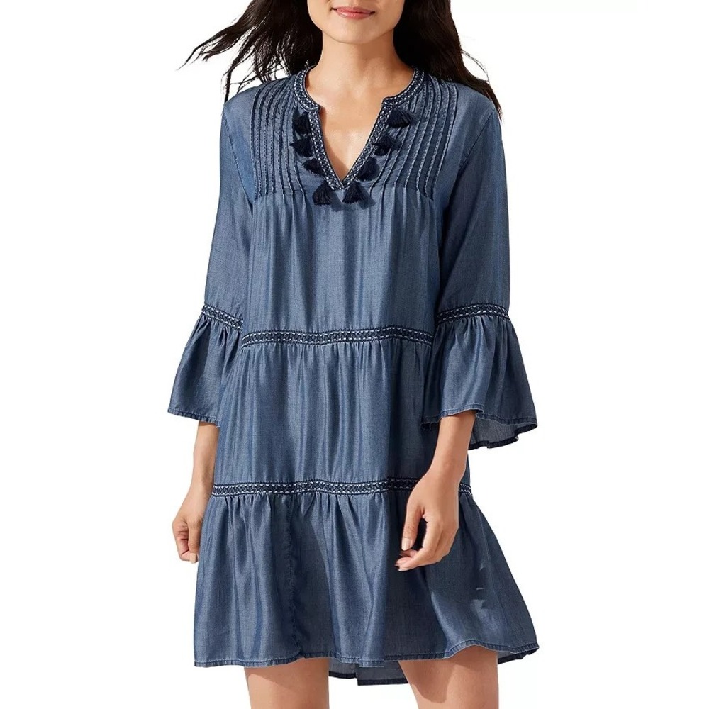 NEW Tommy Bahama Chambray Embroidered Tiered Dress Cover Up Size Medium Blue